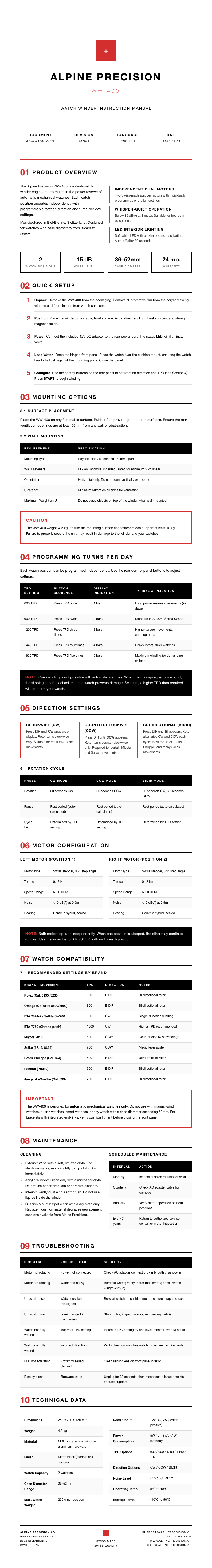 Swiss international instruction manual